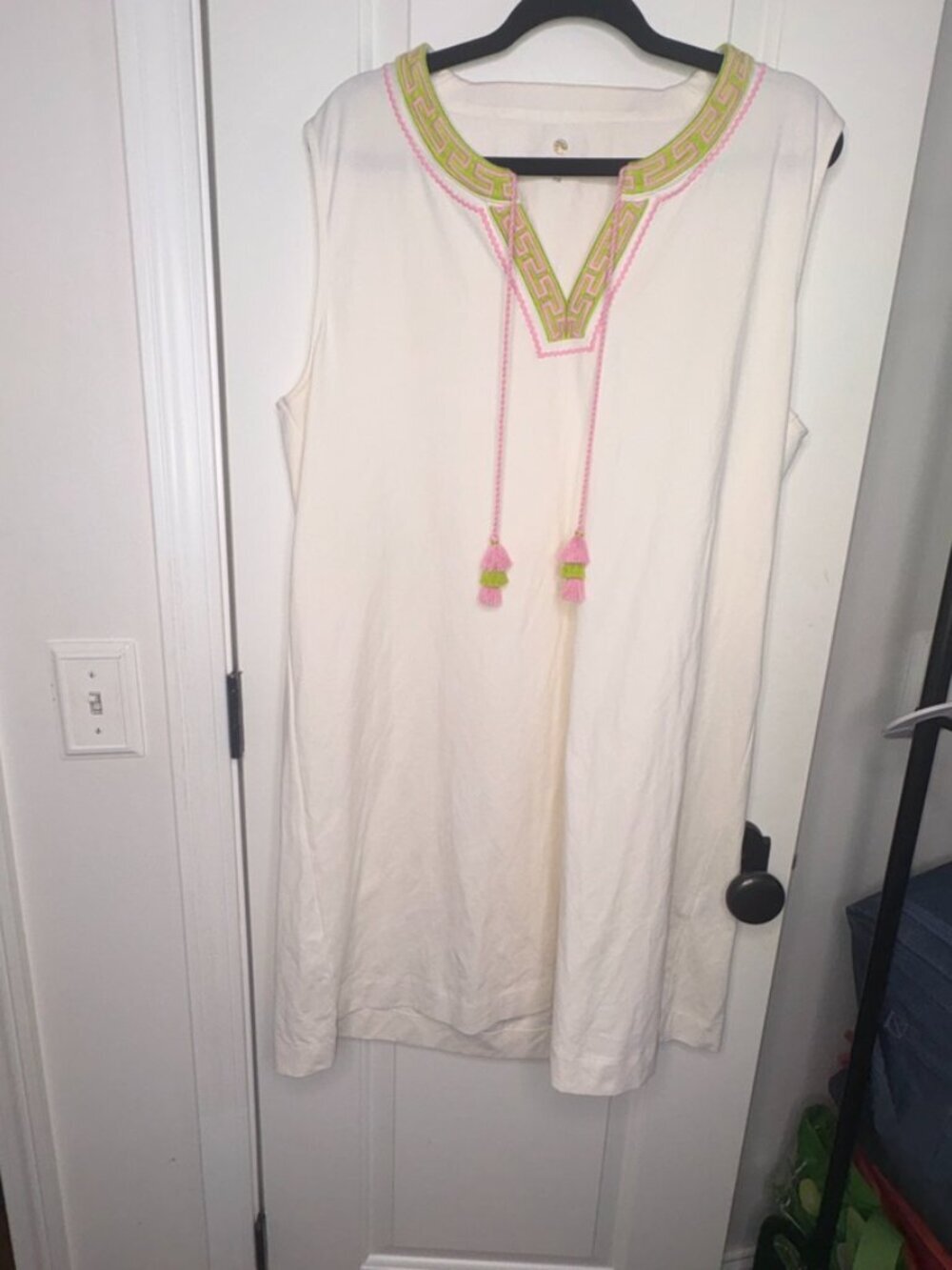 Spartina 449 Cream Shift Dress Embroidered Tassel Pink Green XXL